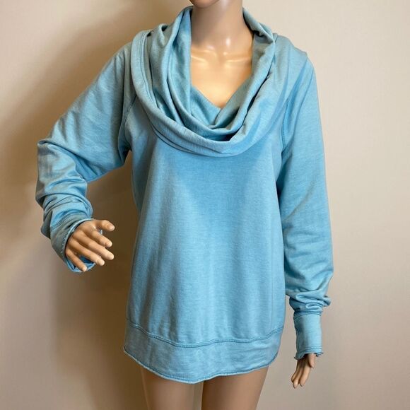 ❤️Last Chance LVR Organic blue cowl neck long sleeve hooded pullover size M - Picture 1 of 10